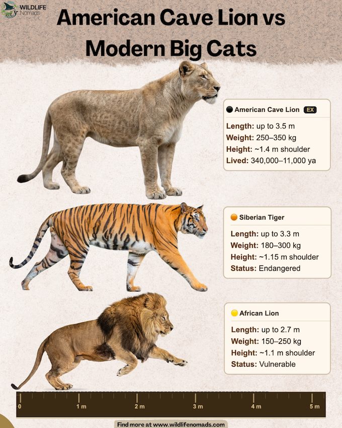 An infographic titled "American Cave Lion vs Modern Big Cats" comparing the length, weight, and shoulder height of the extinct American Cave Lion, the Siberian Tiger, and the African Lion next to a scale bar.