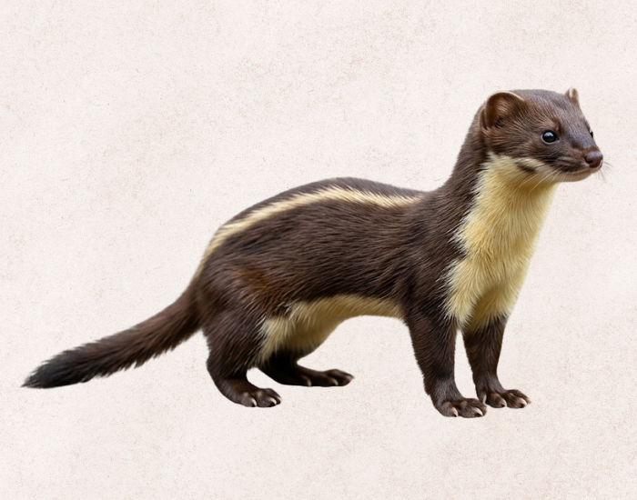 A slender back-striped weasel with dark brown fur and a distinct light stripe along its back against a plain background.