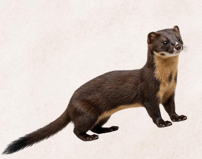 A slender Colombian weasel standing on a white background with dark brown fur and a light tan underside.