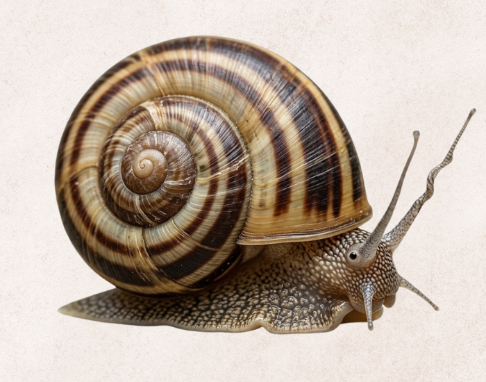 a photo studio of a Colombian Giant Ramshorn with brown background