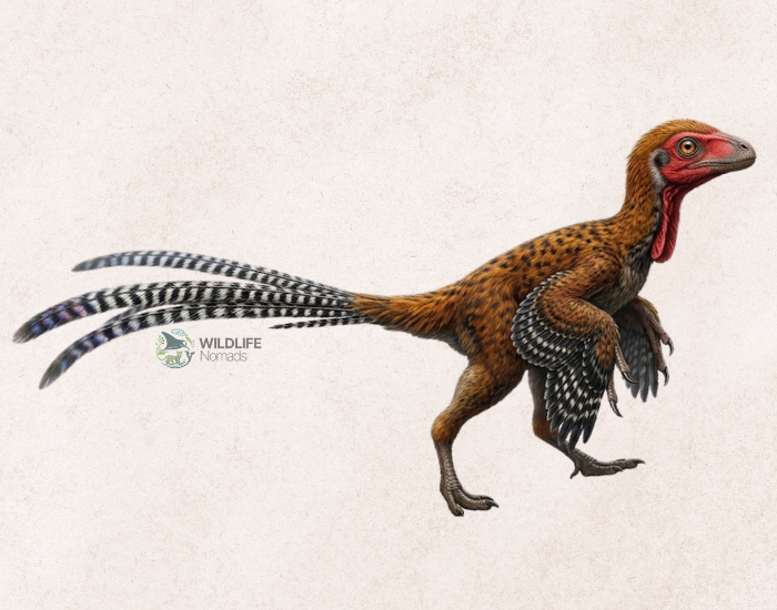 a digital illustration of an Epidexipteryx hui with multiple feathers on the tail