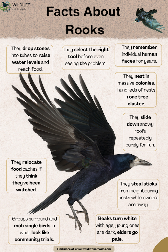 Educational poster titled "Facts About Rooks" by Wildlife Nomads, detailing unique behaviors and intelligence traits of the rook surrounding a large central illustration of a rook in flight.