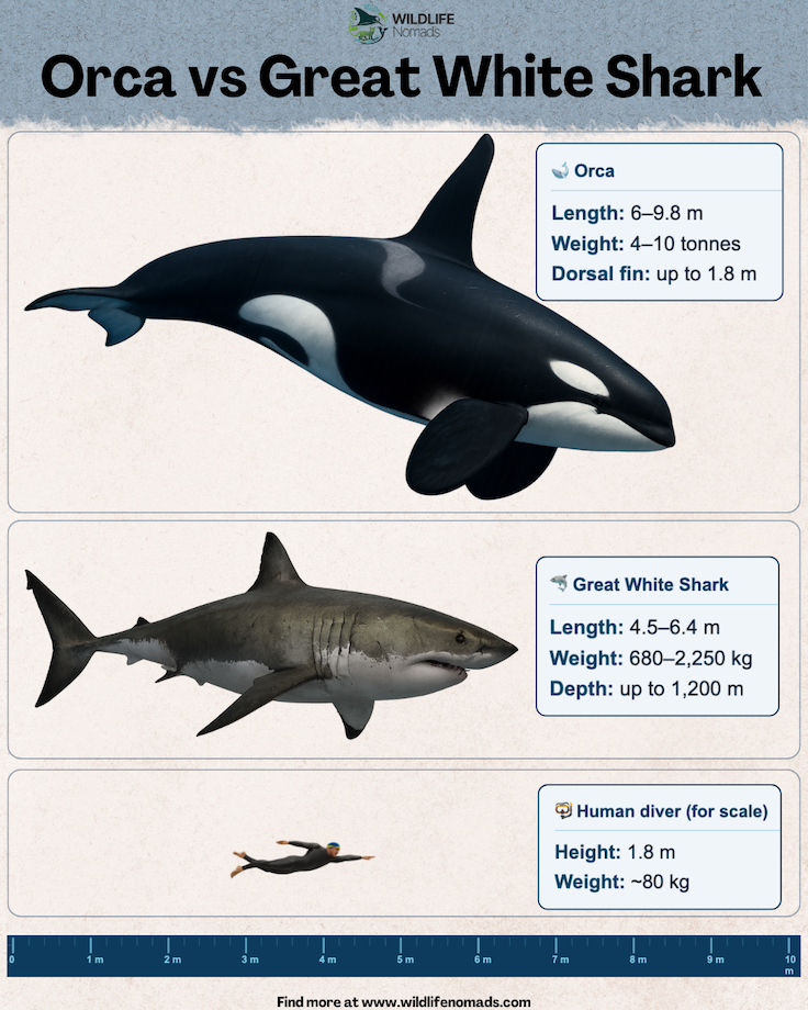 Size and stat comparison infographic comparing an Orca, a Great White Shark, and a human diver for scale. It highlights the larger size, weight, and dorsal fin height of the killer whale compared to the shark.