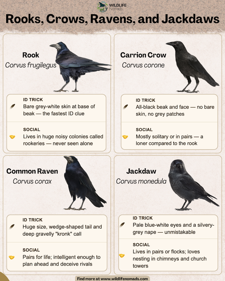 Educational infographic chart titled "Rooks, Crows, Ravens, and Jackdaws" by Wildlife Nomads, providing identification tricks and social behaviors to compare and contrast the four corvid species alongside detailed illustrations.