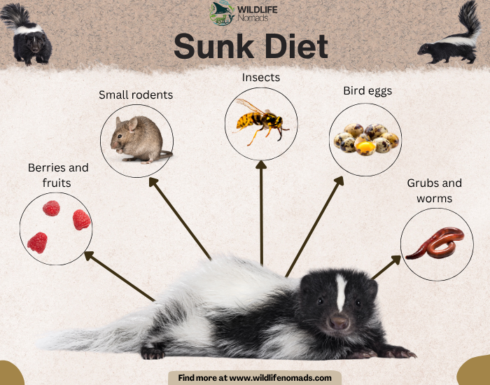 An educational infographic titled "Sunk Diet" by Wildlife Nomads, featuring a striped skunk lying at the bottom with arrows pointing to five distinct food categories. The circled icons illustrate a skunk's omnivorous diet, including berries and fruits, small rodents, insects, bird eggs, and grubs and worms. Two smaller skunk graphics flank the top corners of the tan, textured background.