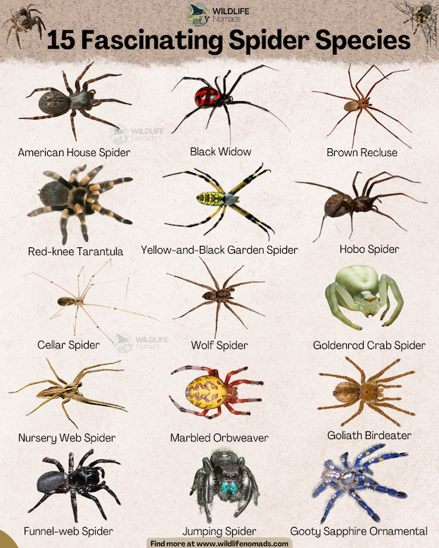 An educational infographic by Wildlife Nomads titled "15 Fascinating Spider Species," displaying individual images and labels for 15 different spiders, including the American House Spider, Black Widow, Red-knee Tarantula, and Gooty Sapphire Ornamental, on a light, textured background.