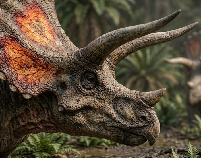 A close-up profile view of a Triceratops' head. The image showcases the intricate, bumpy texture of its skin, its sharp beak, a small nasal horn, and two large brow horns. The large bony frill features a vibrant patch of orange and red coloration with visible vein-like patterns.