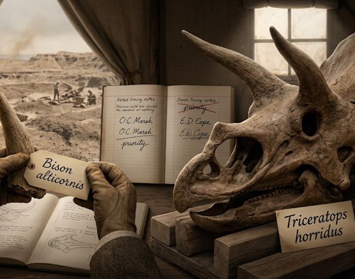 An artistic historical depiction of a paleontologist's desk. In the foreground, gloved hands hold a fossilized horn labeled "Bison alticornis." On the wooden table sits an open field journal detailing names like "O.C. Marsh" and "E.D. Cope," next to a large skull fossil labeled "Triceratops horridus," with a desert excavation site visible through the window.