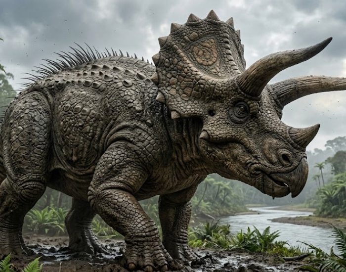 A realistic digital rendering of a Triceratops standing near a riverbank in a lush, prehistoric jungle. The dinosaur has heavily pebbled, dark gray skin, prominent ridges along its spine, and sharp horns, set against an overcast, cloudy sky.