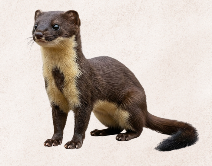 A dark brown tropical Amazon weasel standing on a plain background with a pale yellow chest and belly.