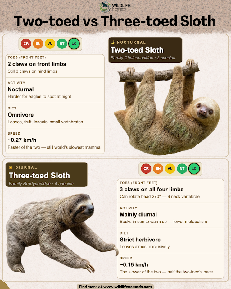 A comparison infographic titled "Two-toed vs Three-toed Sloth" contrasting front feet claws, activity patterns (nocturnal vs diurnal), diet, and speeds, featuring images of both sloth types.