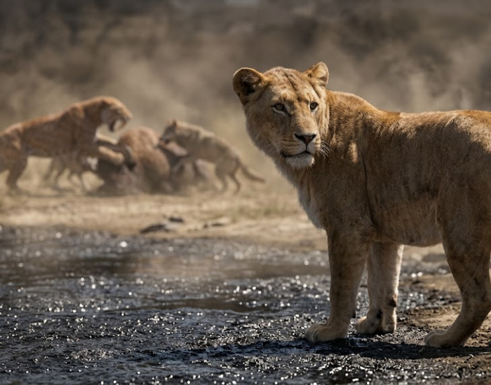 An artistic depiction of an American lion facing off against saber-toothed cats in a dusty, open field.