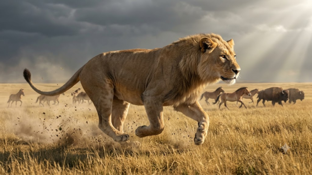A dynamic illustration of a majestic American lion sprinting across a grassy plain under dramatic sunbeams, with ancient horses and bison running in the background.