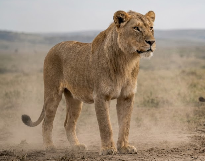 A photo-style illustration of an American lion standing in a dry, grassy wild plain looking back over its shoulder.