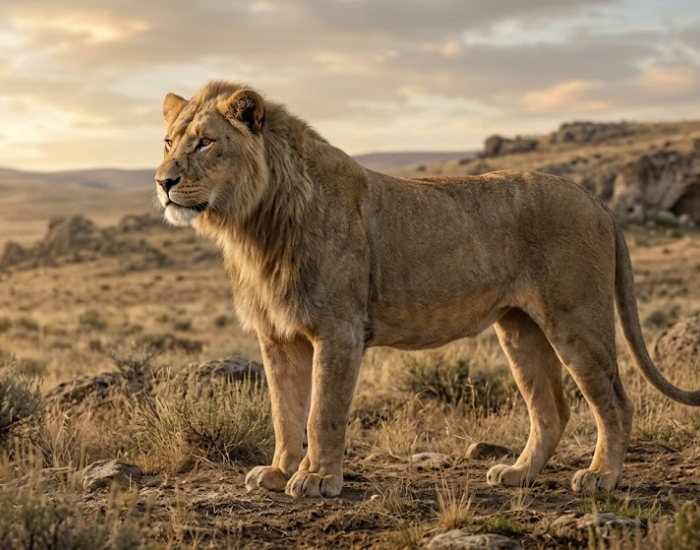 A realistic rendering of a lone American lion standing in a golden prairie under bright sunlight.