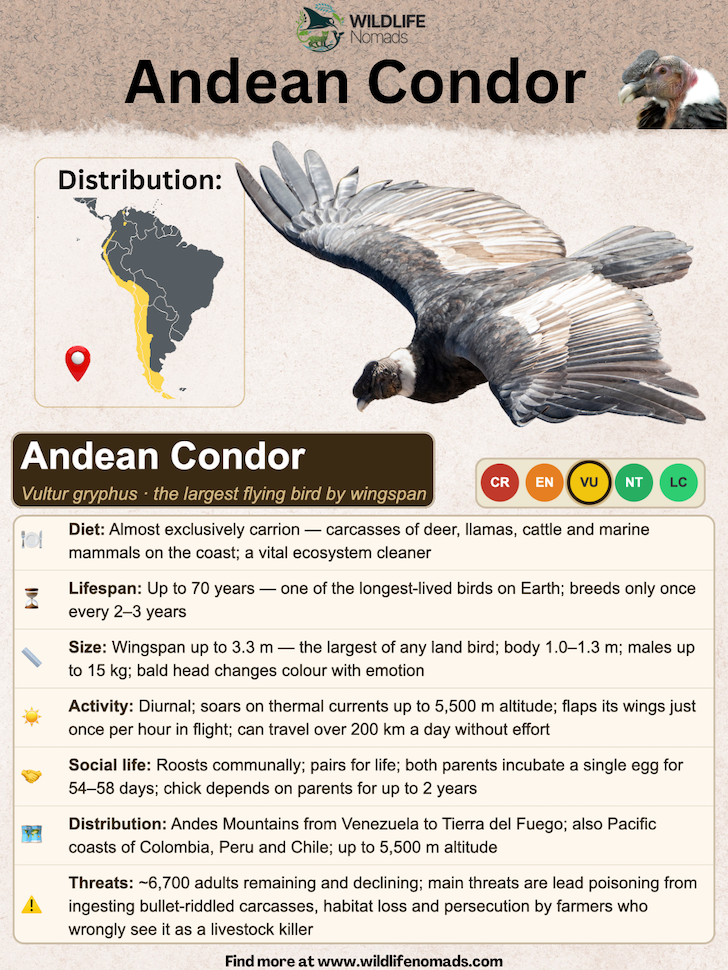 An educational infographic detailing the Andean condor's species profile, including its vulnerable conservation status, South American range map, diet, size, long lifespan, and main environmental threats.