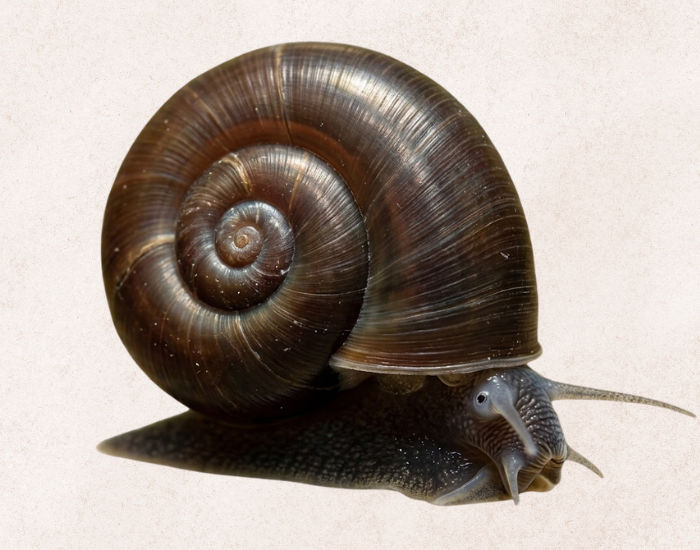 A  brown ramshorn snail with a glossy, dark brown spiraled shell and a textured grey body is pictured against a textured, off-white background.