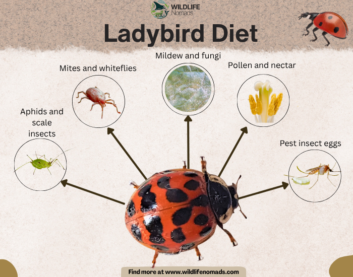 Ladybird Diet infographic showing five food sources: aphids, mites, mildew, pollen, and insect eggs.