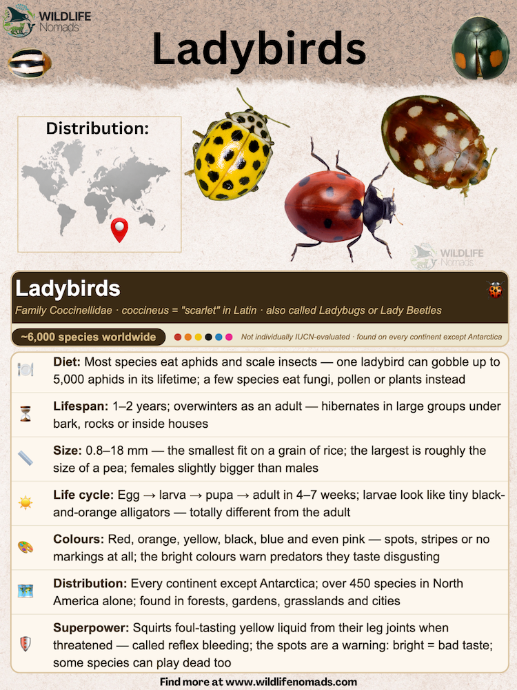 Ladybirds educational profile infographic by Wildlife Nomads, detailing their diet, lifespan, size, life cycle, colors, distribution, and reflex-bleeding defense mechanism.