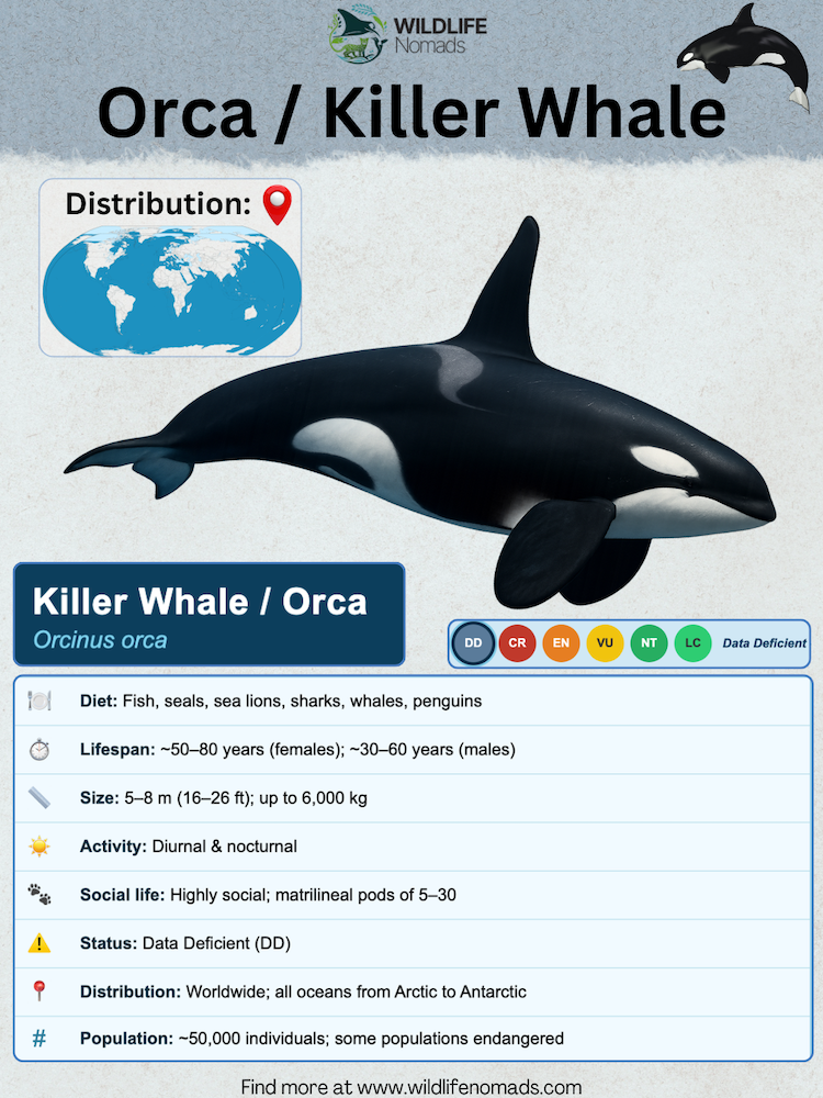 a species profile by wildlife nomads about the orca showing important information like diet, distirbution, etc