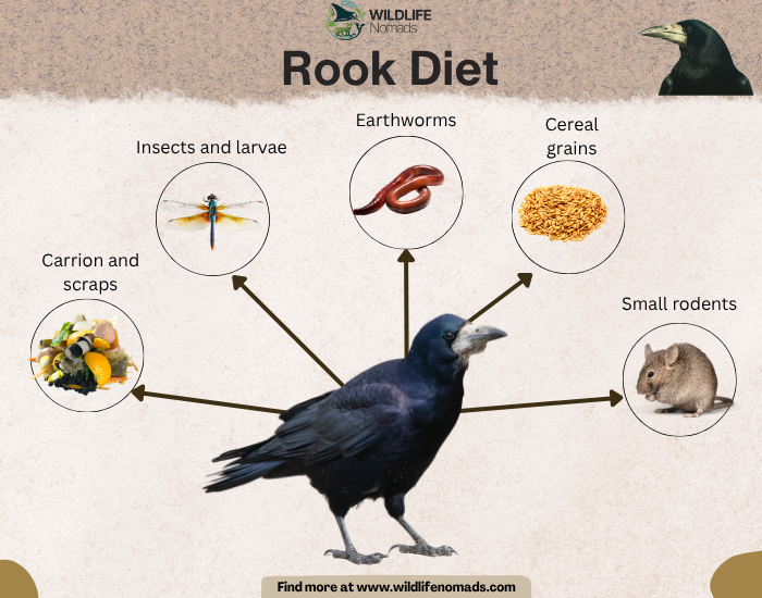 Educational infographic titled "Rook Diet" by Wildlife Nomads, featuring a central illustration of a rook with arrows pointing to its primary food sources: carrion and scraps, insects and larvae, earthworms, cereal grains, and small rodents.