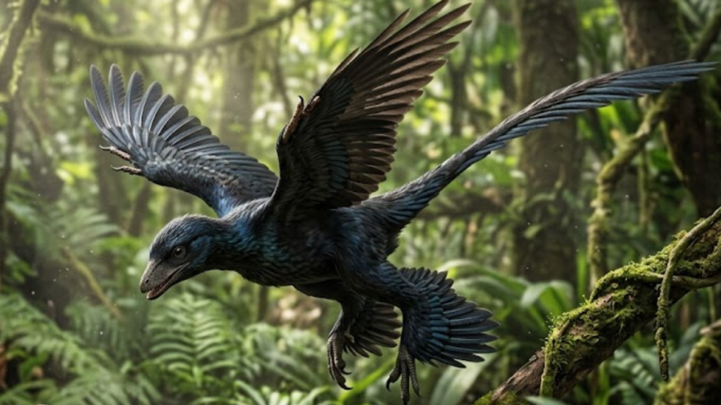 An ultra-realistic, wildlife-style photograph of a four-winged Microraptor mid-hunt in a dense, prehistoric tropical forest. The crow-sized dinosaur features accurate, iridescent blue-black plumage and distinct flight feathers on both its forelimbs and hind legs. Shown in a three-quarter profile, it glides dynamically downward toward a small lizard on a moss-covered branch. The background is a lush canopy of ancient ferns and vines, with dappled sunlight filtering through the trees and illuminating soft dust particles in the air, creating a shallow depth of field with a sharp focus on the predator's head and keen eye.