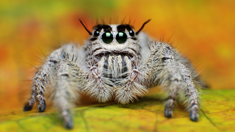A macro close-up of a fuzzy, white and gray jumping spider with large, prominent dark eyes, resting on a colorful autumn leaf.