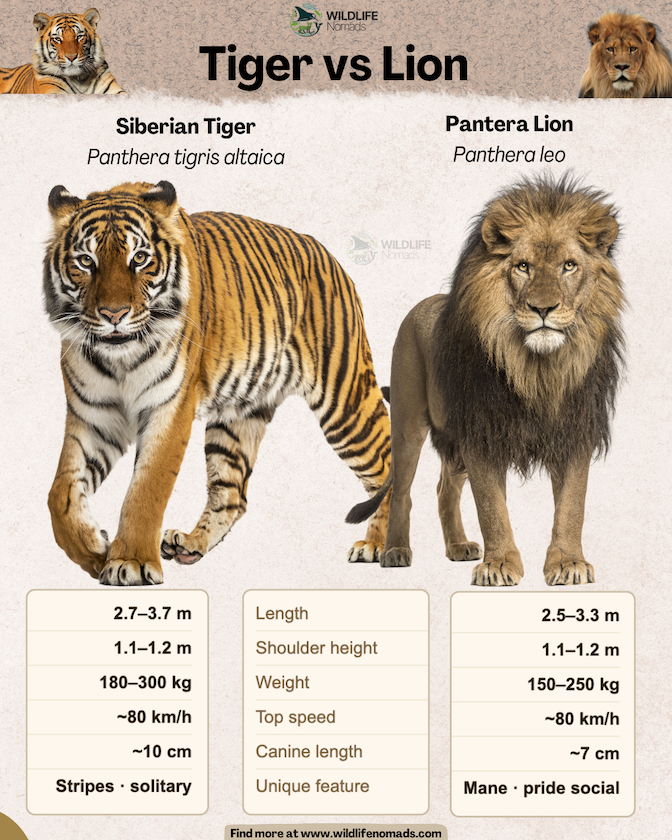 Educational infographic by Wildlife Nomads titled "Tiger vs Lion," comparing a Siberian tiger (Panthera tigris altaica) and an African lion (Panthera leo) across physical traits like length, height, weight, speed, and social structure.
