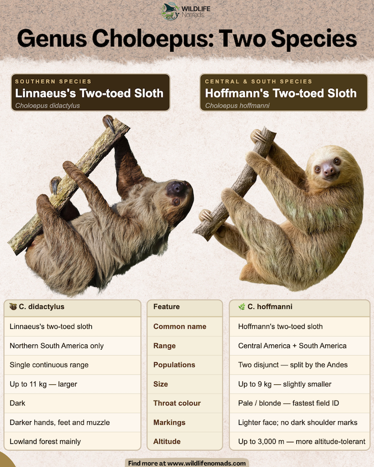 A side-by-side comparative infographic titled "Genus Choloepus: Two Species" displaying images of Linnaeus's Two-toed Sloth and Hoffmann's Two-toed Sloth hanging from branches with a chart comparing range, size, throat color, and altitude.