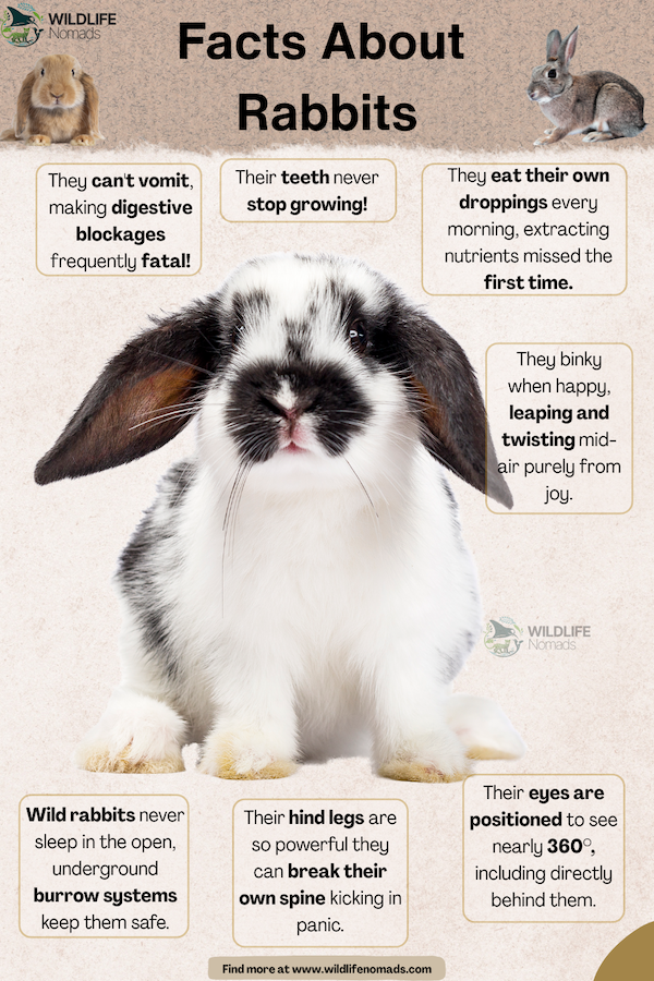 Infographic titled "Facts About Rabbits" featuring a central black and white lop-eared rabbit surrounded by text boxes detailing rabbit anatomical and behavioral facts. The infographic highlights details about continuous tooth growth, 360-degree vision, strong hind legs, burrowing habits, and digestive traits.