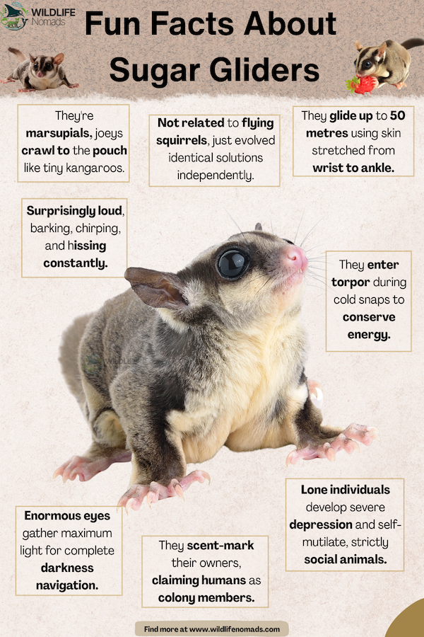 Infographic titled "Fun Facts About Sugar Gliders" by Wildlife Nomads, featuring a central photo of a sugar glider surrounded by seven key facts about their marsupial classification, gliding ability, vocalizations, social needs, torpor, night vision, and scent marking.