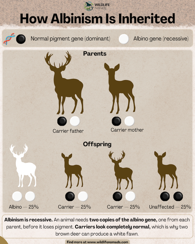Genetics diagram illustrating autosomal recessive inheritance using brown and white deer silhouettes. It shows how two carrier parents result in a 25% chance of albino offspring, 50% carriers, and 25% unaffected. A summary box explains that normal-looking parents can carry and pass on the hidden recessive gene.