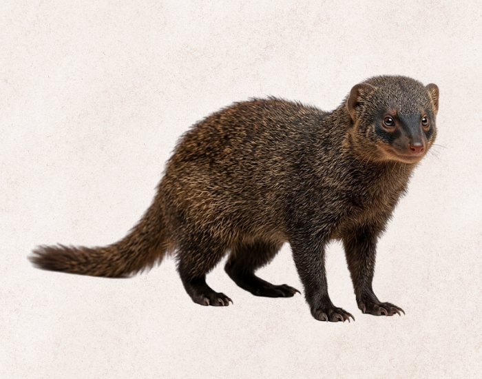 A Liberian mongoose with dark fur against a white background.
