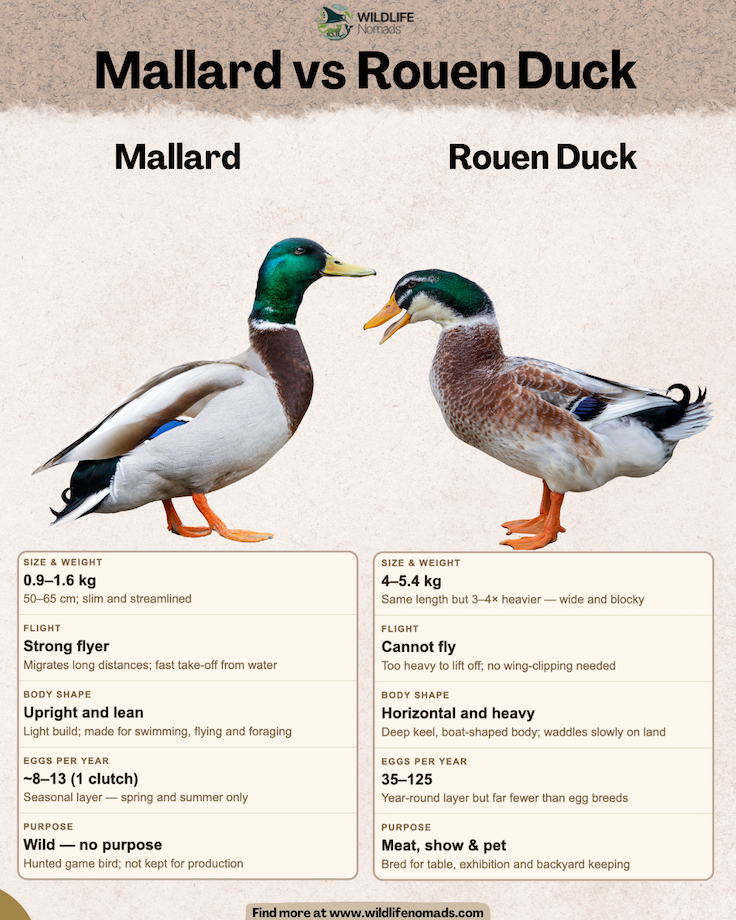 A comparison infographic titled "Mallard vs Rouen Duck" showcasing a side-by-side visual of both birds. A structured chart breaks down key differences in size, flight capability, body shape, egg production, and purpose.