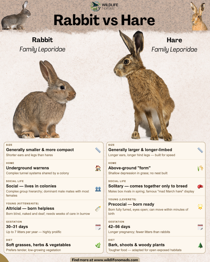 Comparative infographic titled "Rabbit vs Hare" detailing differences in size, home, social life, young, gestation, and diet between rabbits and hares. Side-by-side illustrations depict a smaller brown rabbit on the left and a larger, long-eared hare on the right.
