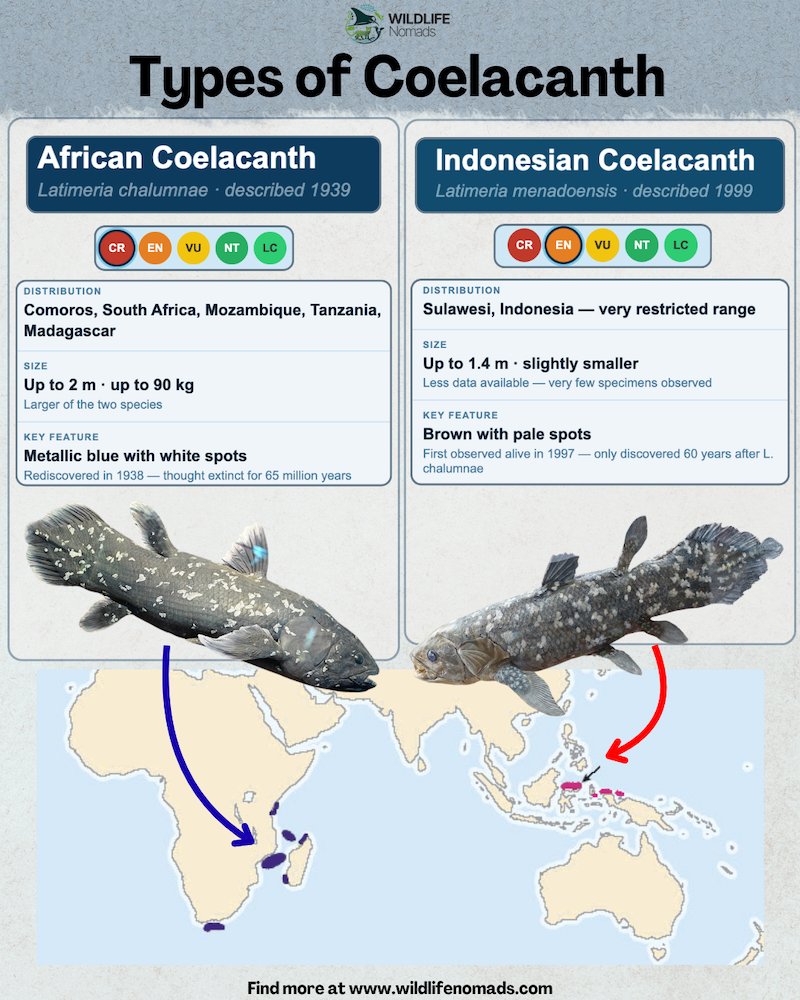 Educational infographic titled 'Types of Coelacanth' showing illustrations and geographic distribution maps comparing the metallic blue African Coelacanth and the brown Indonesian Coelacanth.