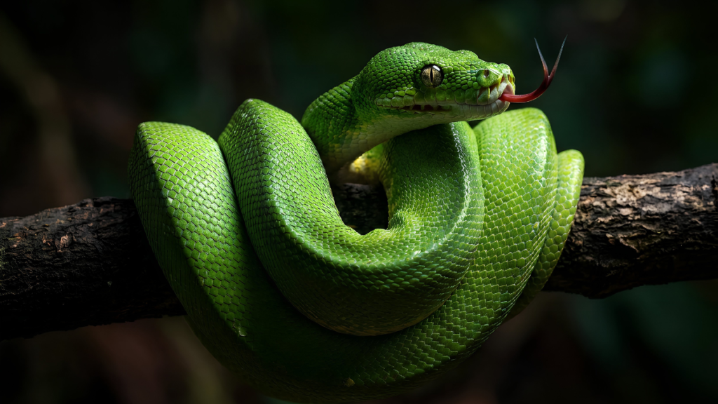 A vibrant green tree python coiled neatly around a tree branch against a dark forest background, flicking its red forked tongue.