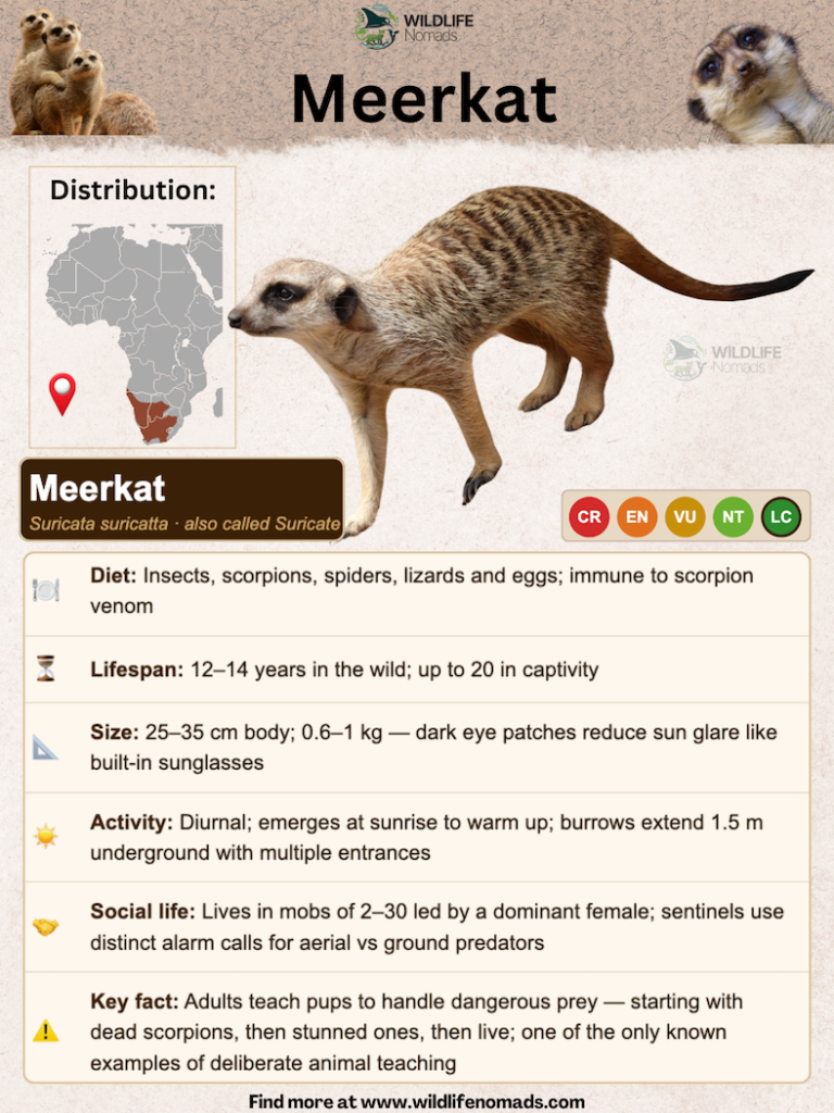 An educational species factsheet about the meerkat (Suricata suricatta) by Wildlife Nomads, featuring a central full-body profile cutout and a geographic distribution map of Southern Africa. The infographic details quick facts on diet, lifespan, size, diurnal activity, social hierarchy, and their unique habit of teaching pups to hunt scorpions.