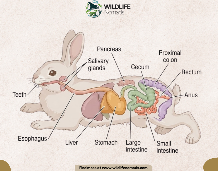 Anatomical diagram of a rabbit illustrating key organs in its digestive system. Labeled body parts include the teeth, esophagus, stomach, liver, cecum, intestines, colon, rectum, and anus.