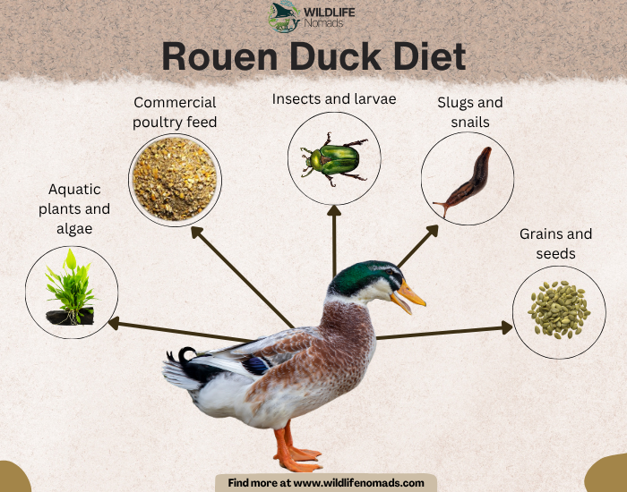 A diagram titled "Rouen Duck Diet" showing a central Rouen duck with arrows pointing to icons for aquatic plants, poultry feed, insects, slugs, and seeds.