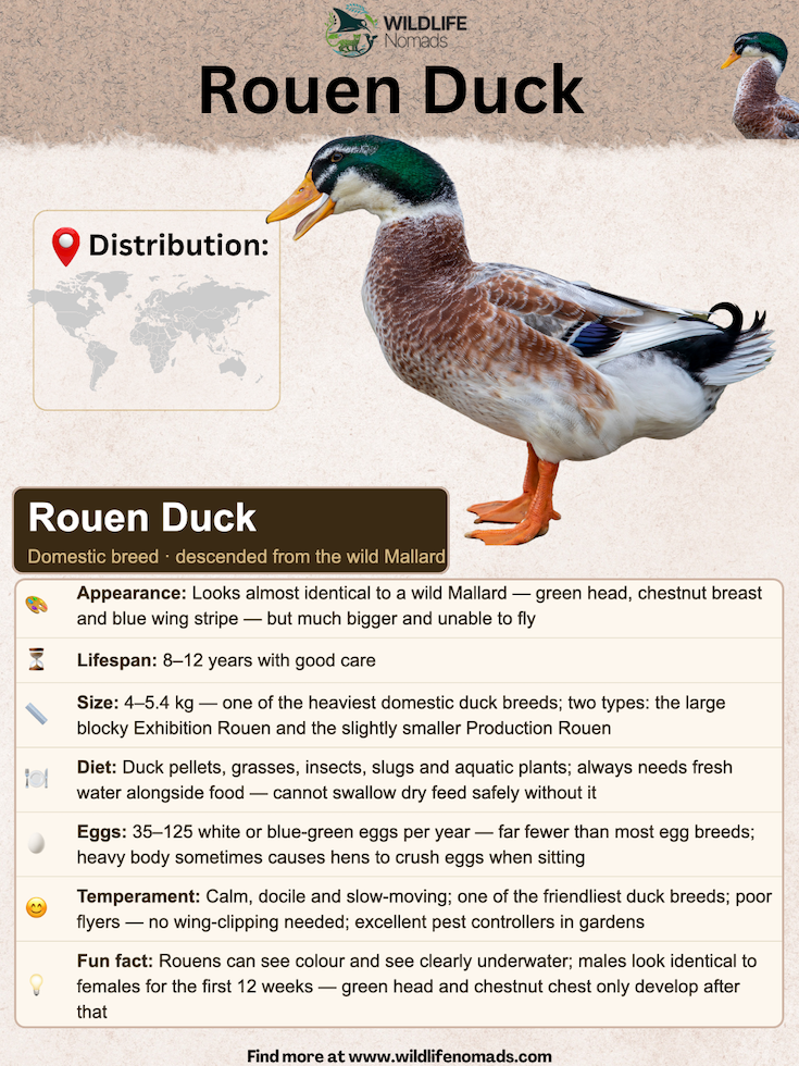A species profile infographic titled "Rouen Duck" detailing quick facts on distribution, appearance, lifespan, size, diet, eggs, and temperament.
