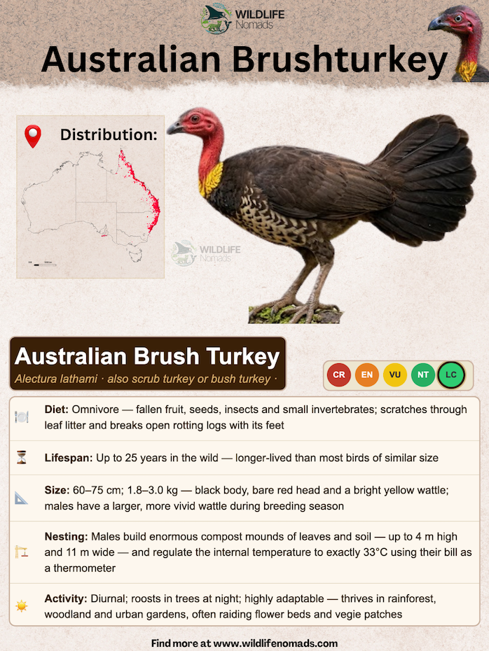 Infographic detailing the Australian Brushturkey species profile, including a distribution map of eastern Australia and facts about its diet, lifespan, size, and nesting habits.