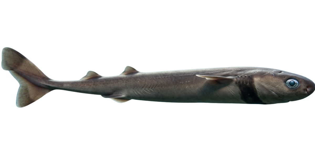 A cookiecutter shark in side profile, slim brown body and large eye