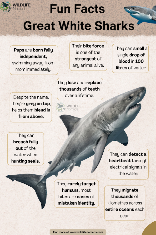 Infographic detailing fun facts about the great white shark, illustrated with a central render of the species.