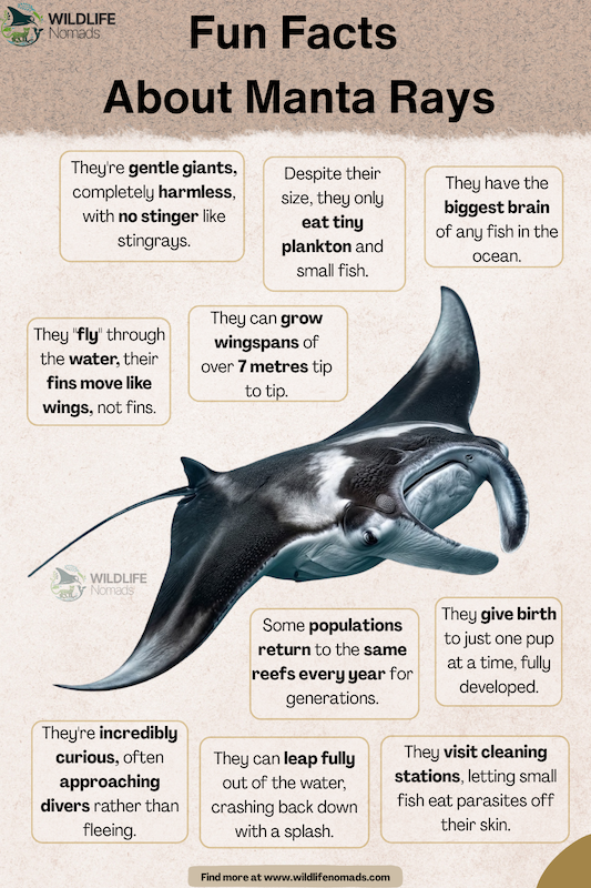 Infographic titled 'Fun Facts About Manta Rays' featuring a central illustration of a manta ray surrounded by text facts about its diet, wingspan, brain size, and behavior.