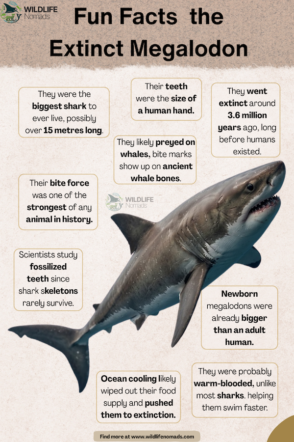Infographic titled "Fun Facts the Extinct Megalodon" by Wildlife Nomads featuring a 3D illustration of a megalodon shark surrounded by fact boxes detailing its size, bite force, prey, fossilized teeth, and extinction timeline