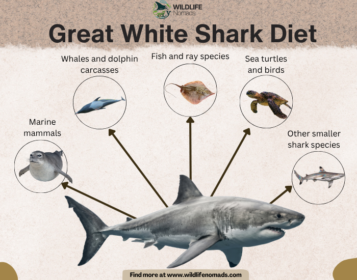 Diagram illustrating the diet of a great white shark, highlighting prey such as marine mammals, fish, rays, sea turtles, and smaller sharks.