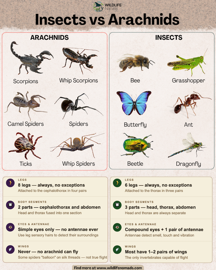 An educational chart titled "Insects vs Arachnids" comparing the two groups. The left side highlights Arachnids with photos of a scorpion, whip scorpion, camel spider, spider, tick, and whip spider, noting key traits: