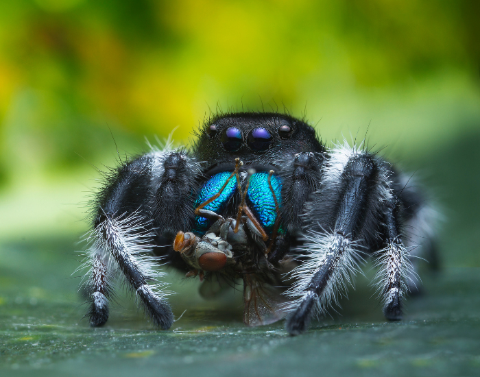 Fuzzy black and white regal jumping spider with bright blue chelicerae.