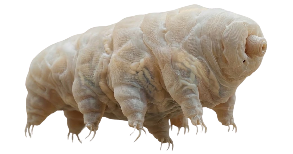 A tardigrade, or water bear, its eight stubby legs and segmented body seen from the side